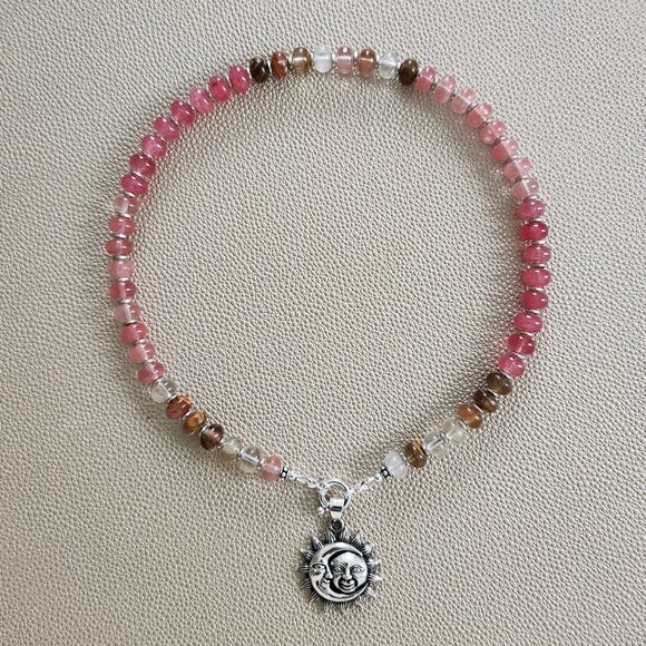 OMBRE ROSE GEMSTONE NECKLACE W. SUN & MOON PENDANT--16" - Picture 1 of 4